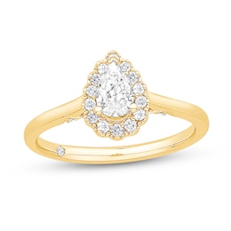 5/8 CT. T.W. Pear Certified Scallop Frame Engagement Ring in 18K Gold (F/VS2)