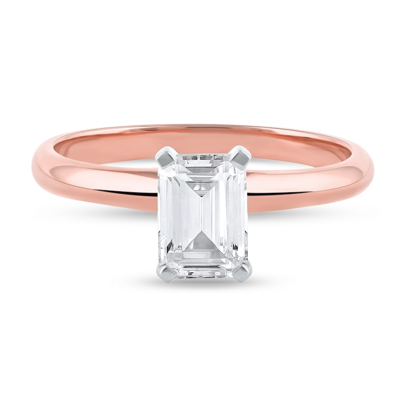 Main Image 3 of 1 CT. Certified Emerald-Cut Lab-Created Diamond Solitaire Engagement Ring in 14K Rose Gold (F/VS2)