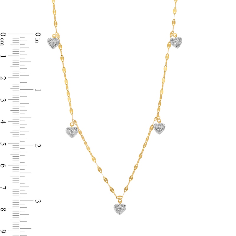 Main Image 4 of 1/10 CT. T.W. Heart-Shaped Multi-Diamond Dangle Station Necklace in 10K Gold