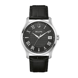 Men's Bulova Wilton Silvertone Watch with Black Leather Strap (Model: 96B390)