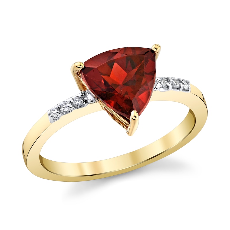 8.0mm Trillion-Cut Garnet and 1/20 CT. T.W. Diamond Ring in 10K Gold