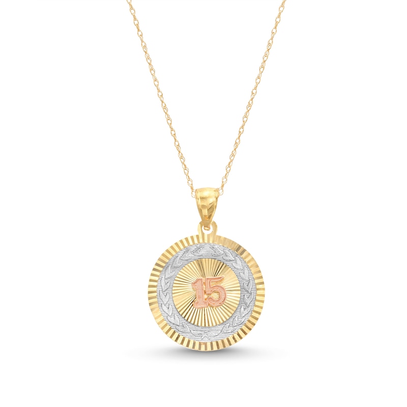 #15 Quinceañera Medallion Pendant in 14K Tri-Tone Gold