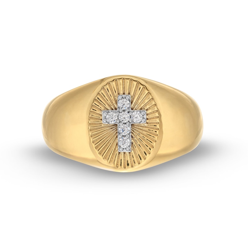 Men's 1/10 CT. T.W. Diamond Cross Sunburst Oval Signet Ring in 14K Gold