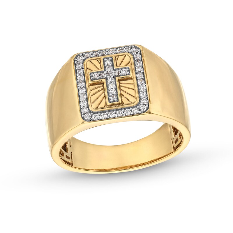 Men's 1/4 CT. T.W. Diamond Cross Square-Top Signet Ring in 14K Gold