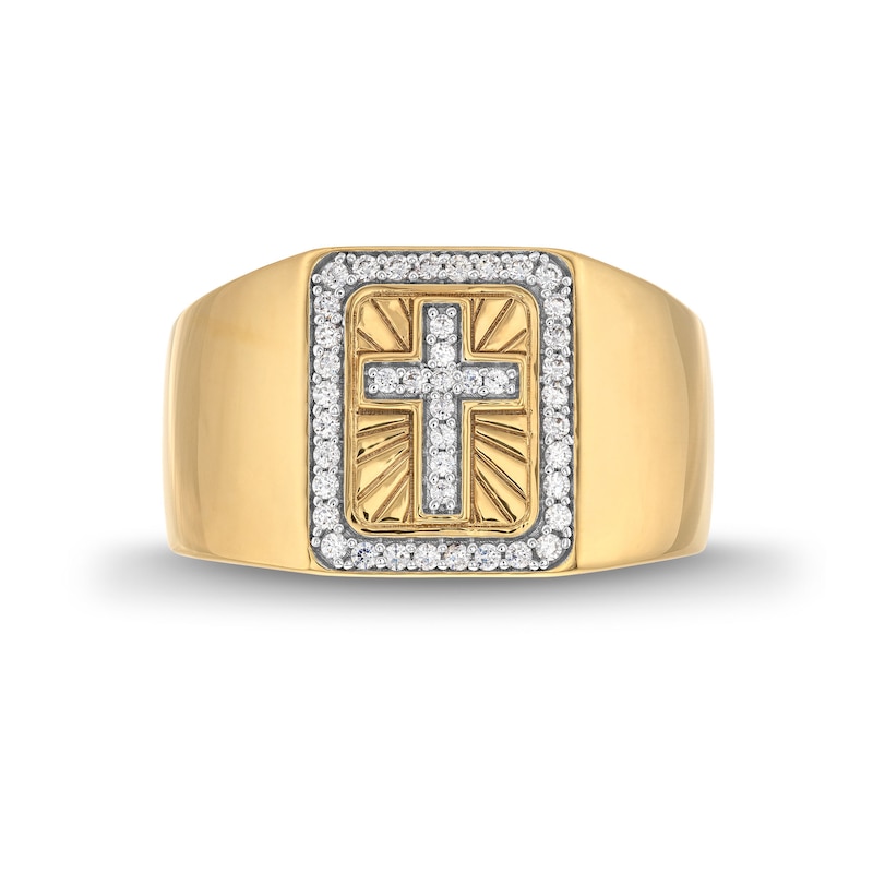 Men's 1/4 CT. T.W. Diamond Cross Square-Top Signet Ring in 14K Gold