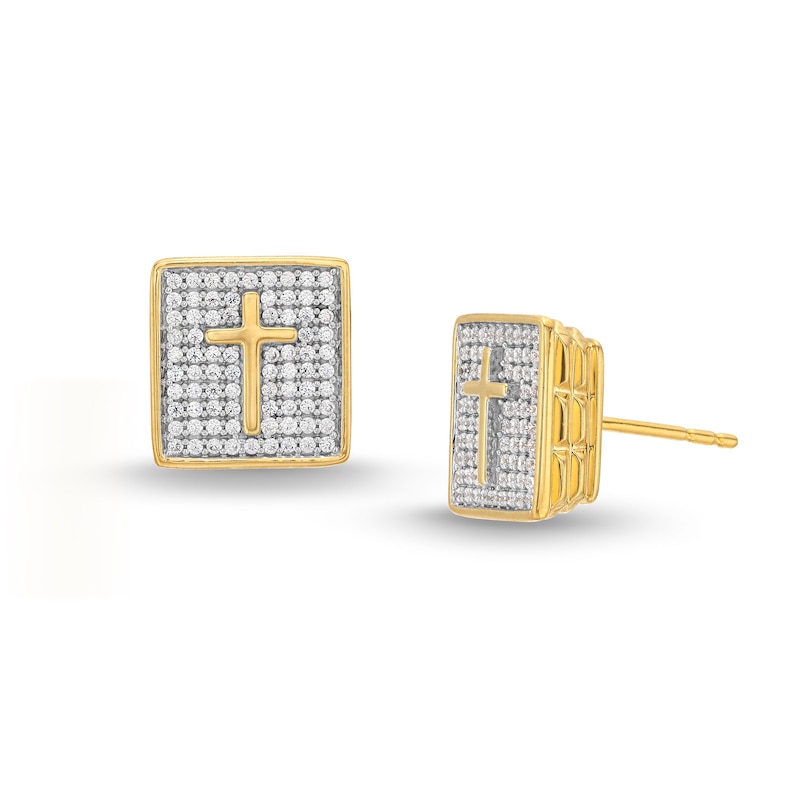 Main Image 1 of Men's 1/2 CT. T.W. Diamond Cross Square Stud Earrings in 14K Gold