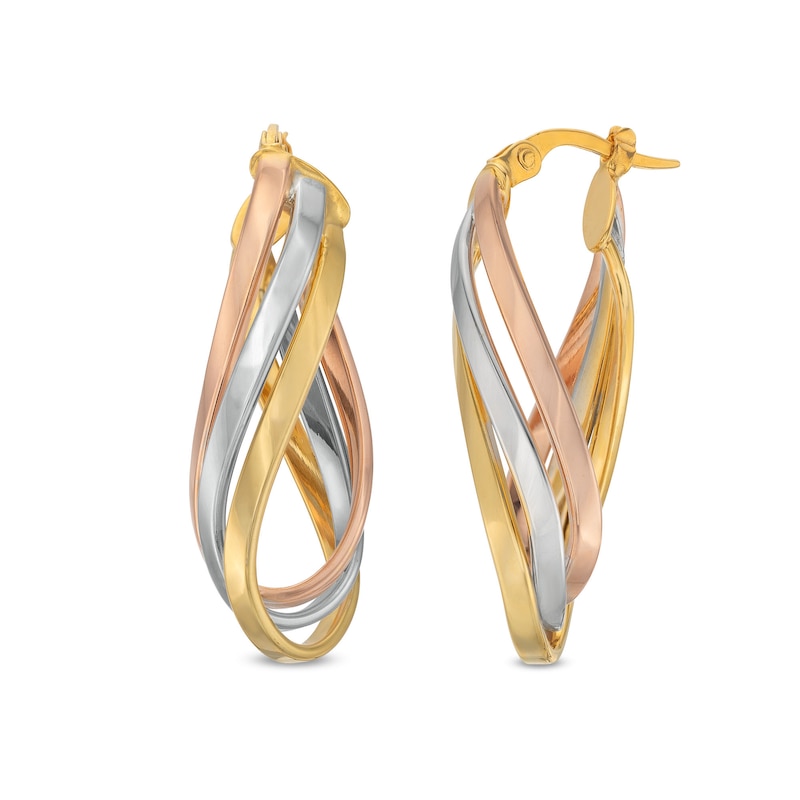 Main Image 1 of Twisting Triple Layered Oval Hoop Earrings in 14K Tri-Tone Gold