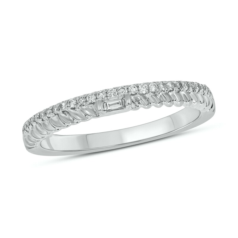 Main Image 1 of 1/6 CT. T.W. Baguette-Cut and Round Diamond Rope Edge Double Row Stackable Band in 10K White Gold