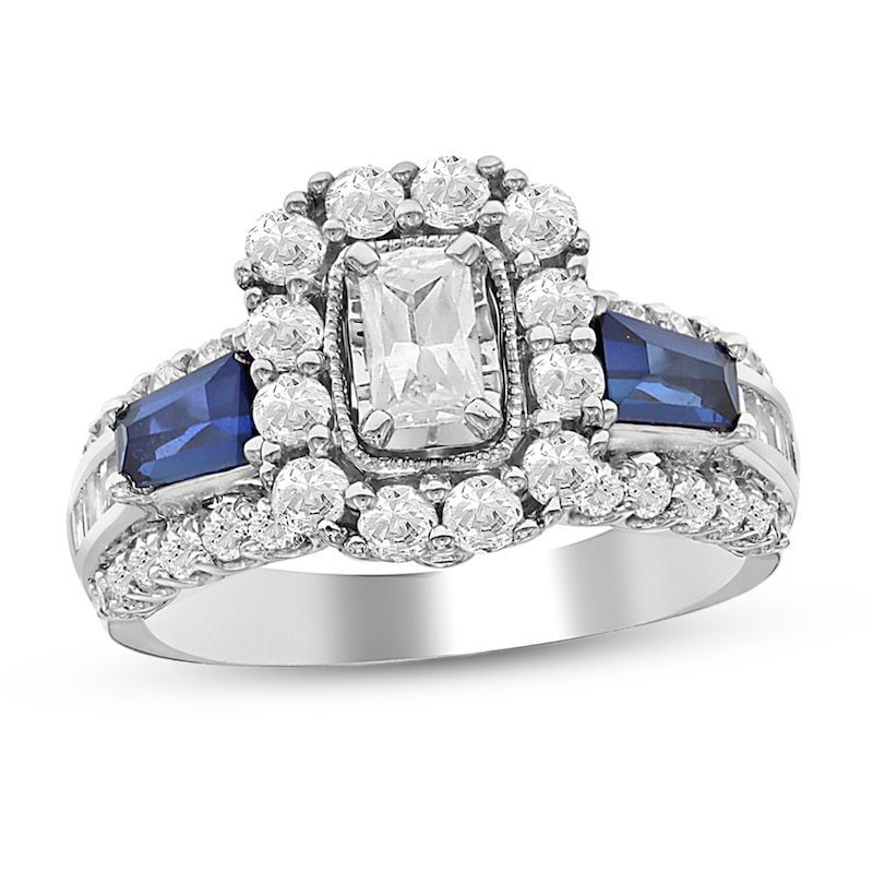 1-3/8 CT. T.W. Diamond and Blue Sapphire Framed Engagement Ring in 14K White Gold