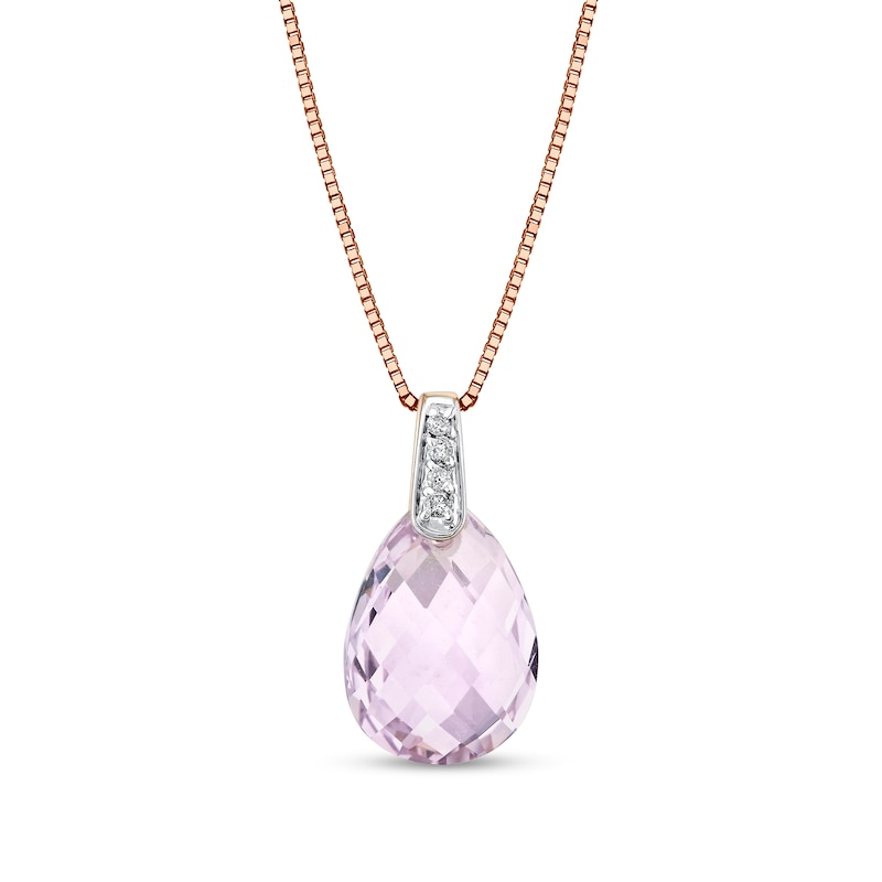 Main Image 1 of Faceted Pear-Shaped Pink Quartz and Diamond Accent Pendant in 14K Rose Gold