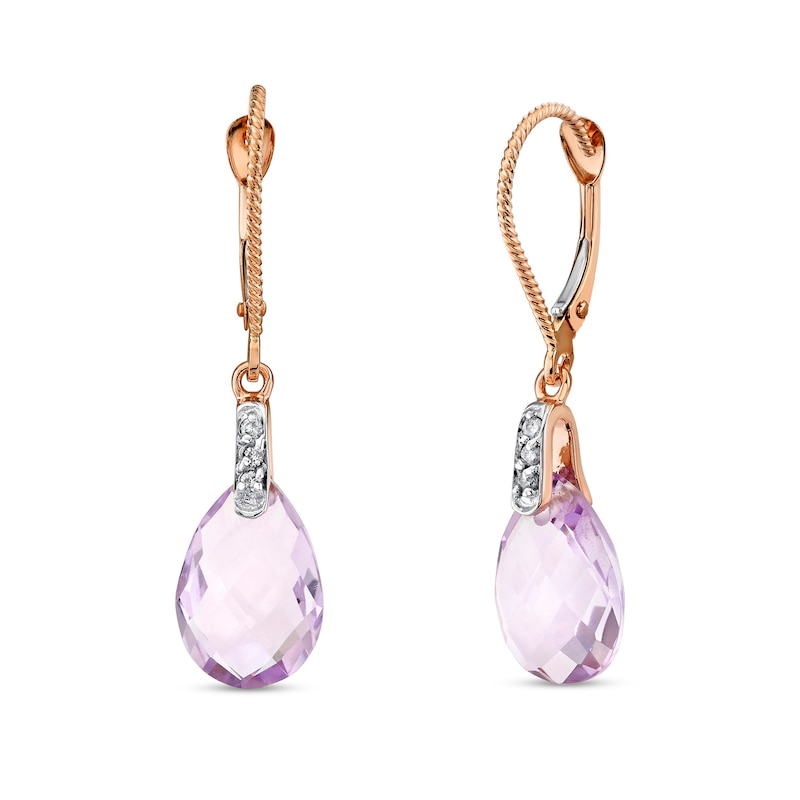 Main Image 1 of Faceted Pear-Shaped Pink Quartz and 1/20 CT. T.W. Diamond Drop Earrings in 14K Rose Gold