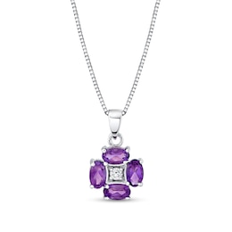 Oval Amethyst and 1/20 CT. T.W. Diamond Flower Pendant in 14K White Gold