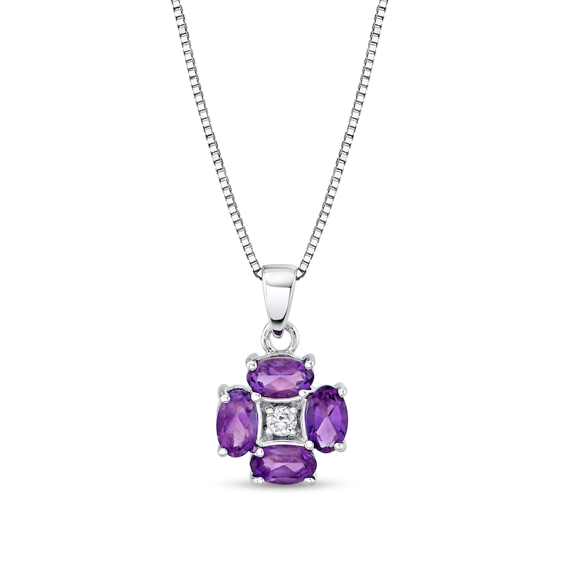 Main Image 1 of Oval Amethyst and 1/20 CT. T.W. Diamond Flower Pendant in 14K White Gold