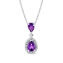 Pear-Shaped Amethyst and 1/6 CT. T.W. Diamond Frame Drop Pendant in 14K White Gold