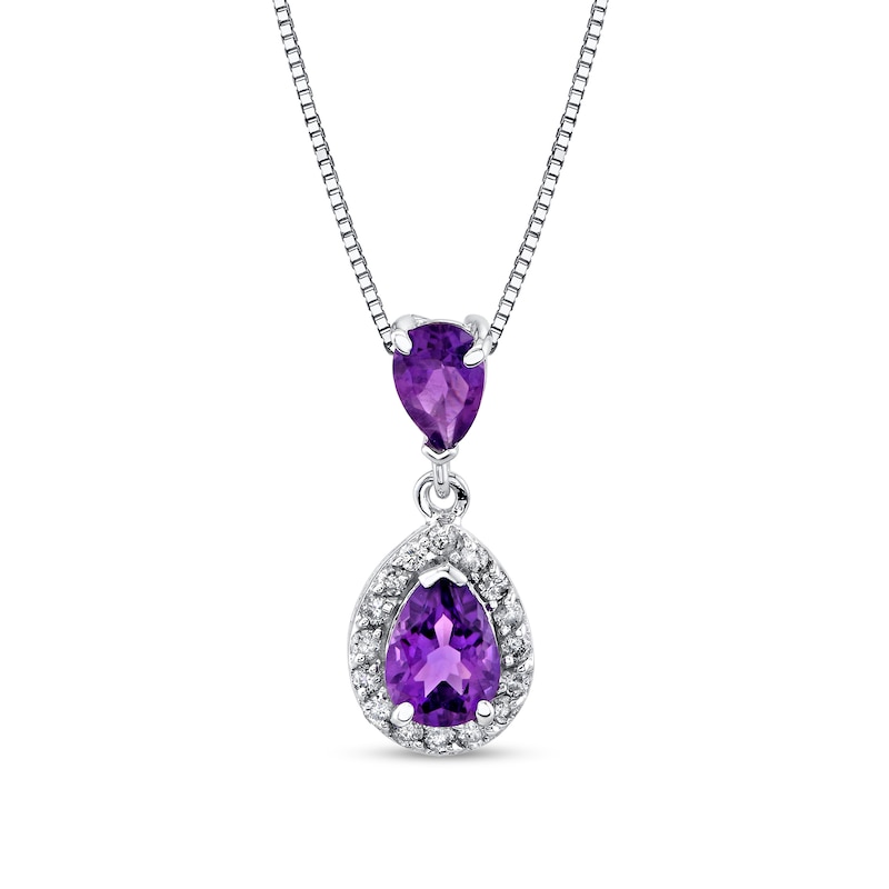 Main Image 1 of Pear-Shaped Amethyst and 1/6 CT. T.W. Diamond Frame Drop Pendant in 14K White Gold