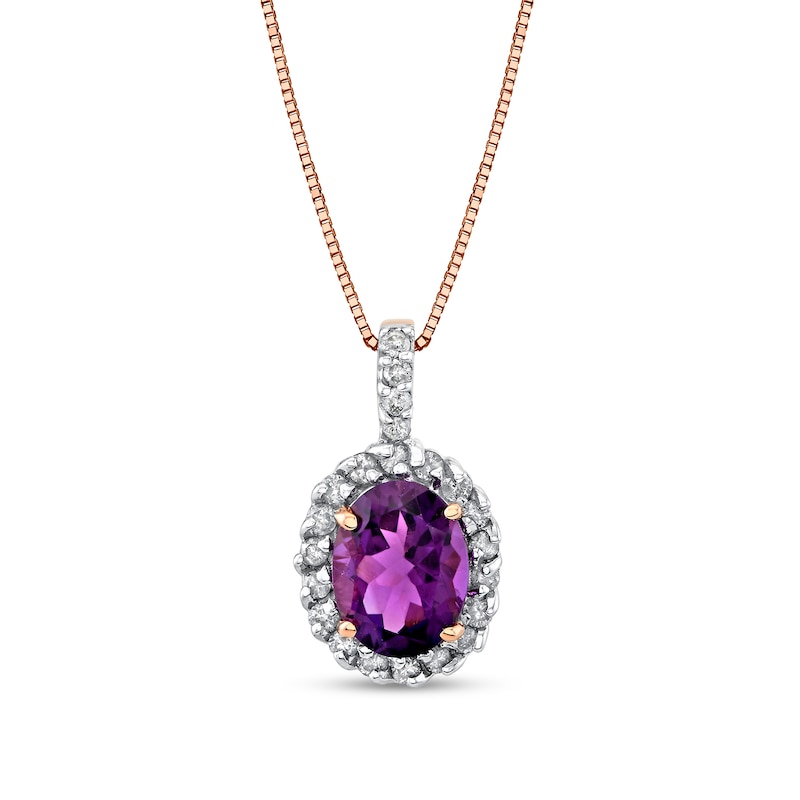 Main Image 1 of Oval Amethyst and 1/3 CT. T.W. Diamond Frame Pendant in 14K Rose Gold