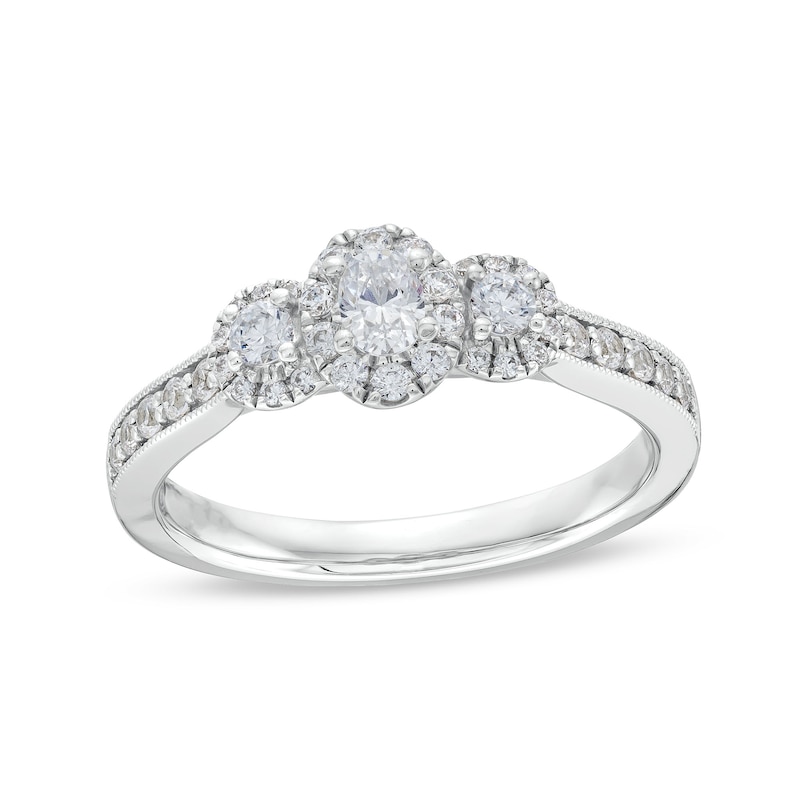 Main Image 1 of 1/2 CT. T.W. Diamond Past Present Future® Oval Framed Engagement Ring in 14K White Gold