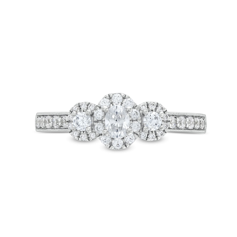 Main Image 4 of 1/2 CT. T.W. Diamond Past Present Future® Oval Framed Engagement Ring in 14K White Gold