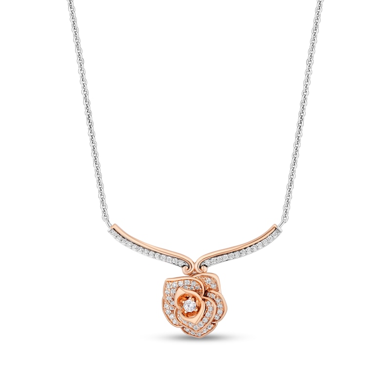 Main Image 1 of Enchanted Disney Belle 1/4 CT. T.W. Diamond Rose Chevron Necklace in Sterling Silver and 10K Rose Gold