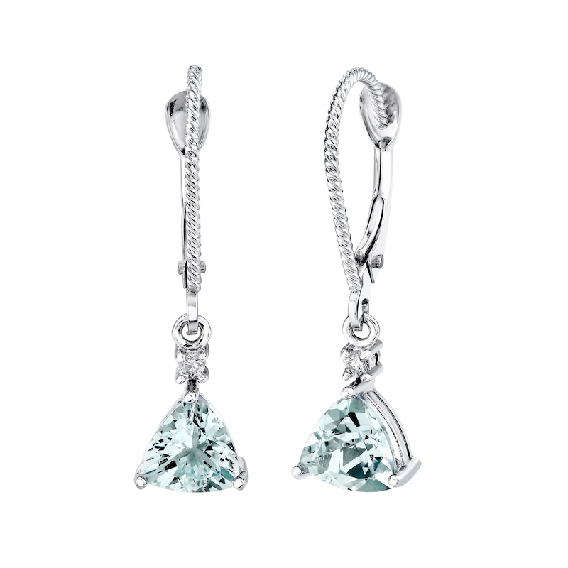 Main Image 1 of 6.0mm Trillion-Cut Aquamarine and 1/20 CT. T.W. Diamond Drop Earrings in 14K White Gold