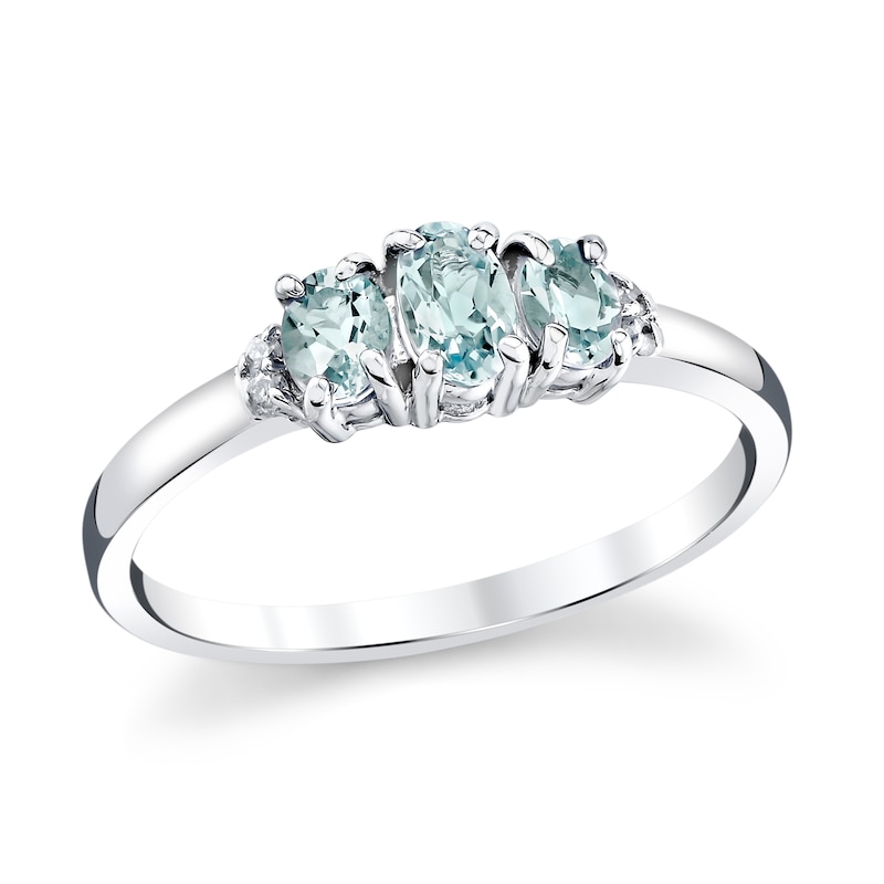 Main Image 1 of Oval Aquamarine and Diamond Accent Three Stone Ring in 14K White Gold