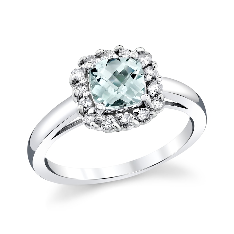 6.0mm Cushion-Cut Aquamarine and 1/4 CT. T.W. Diamond Frame Ring in 14K White Gold