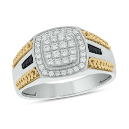 1/2 CT. T.W. Cushion-Shaped Multi-Diamond Frame Chain Edge Ring in Sterling Silver and 10K Gold