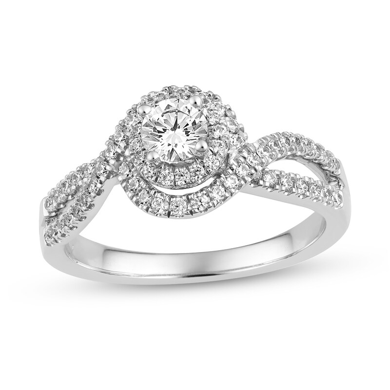 Main Image 1 of 3/4 CT. T.W. Diamond Framed Swirl Shank Engagement Ring in 14K White Gold