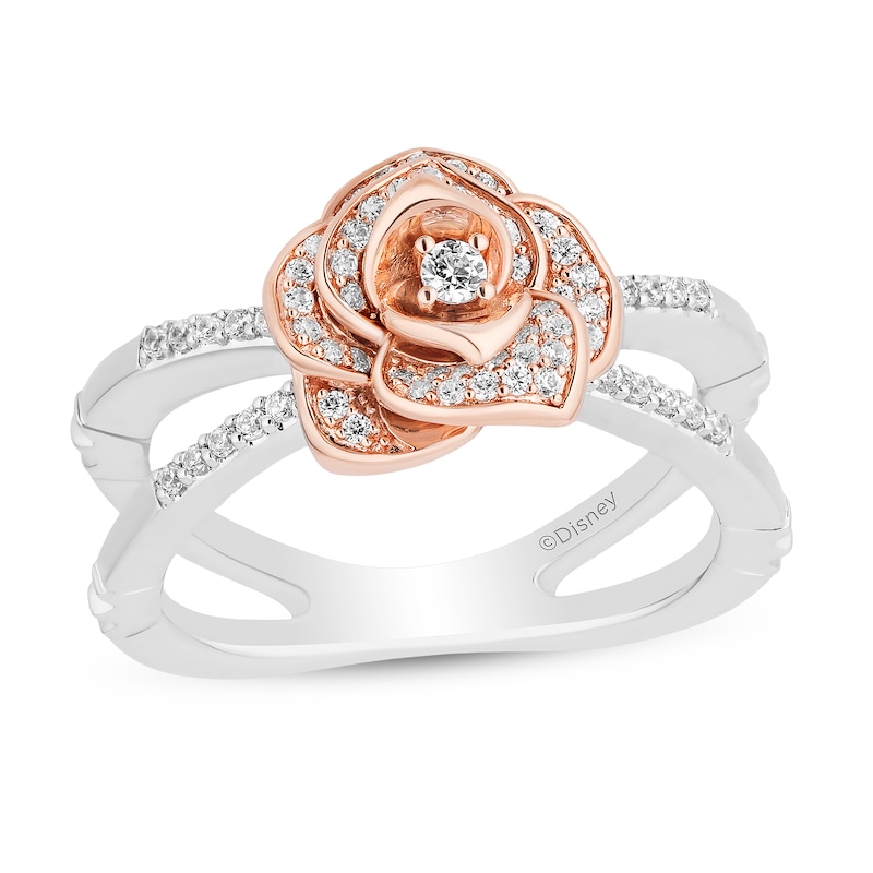 Main Image 1 of Enchanted Disney Belle 1/4 CT. T.W. Diamond Rose Orbit Split Shank Ring in Sterling Silver and 10K Rose Gold - Size 7