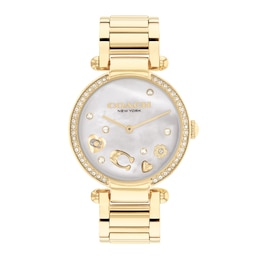 Ladies' Coach Cary Crystal Accent Motif Gold-Tone IP Watch with White Mother-of-Pearl Dial (Model: 14504265)