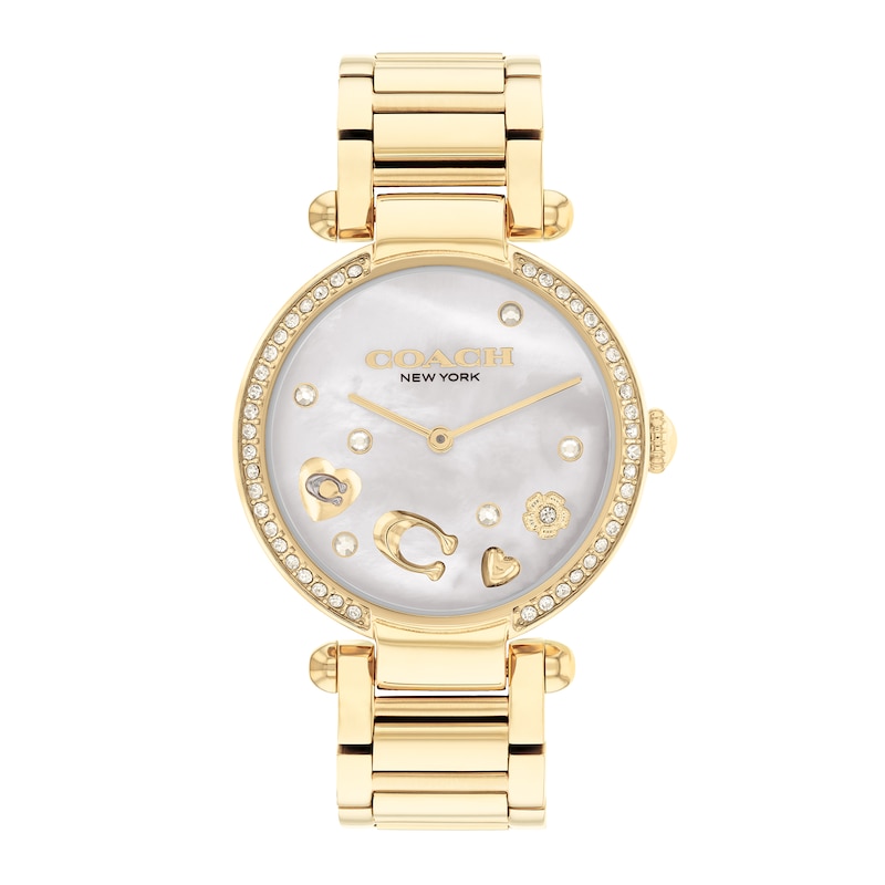 Main Image 1 of Ladies' Coach Cary Crystal Accent Motif Gold-Tone IP Watch with White Mother-of-Pearl Dial (Model: 14504265)