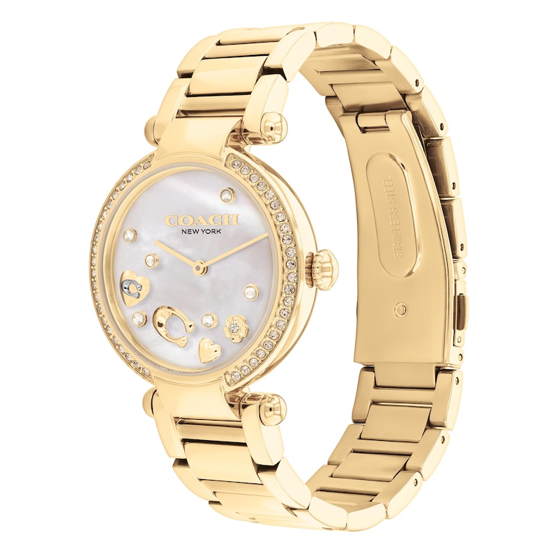 Main Image 2 of Ladies' Coach Cary Crystal Accent Motif Gold-Tone IP Watch with White Mother-of-Pearl Dial (Model: 14504265)