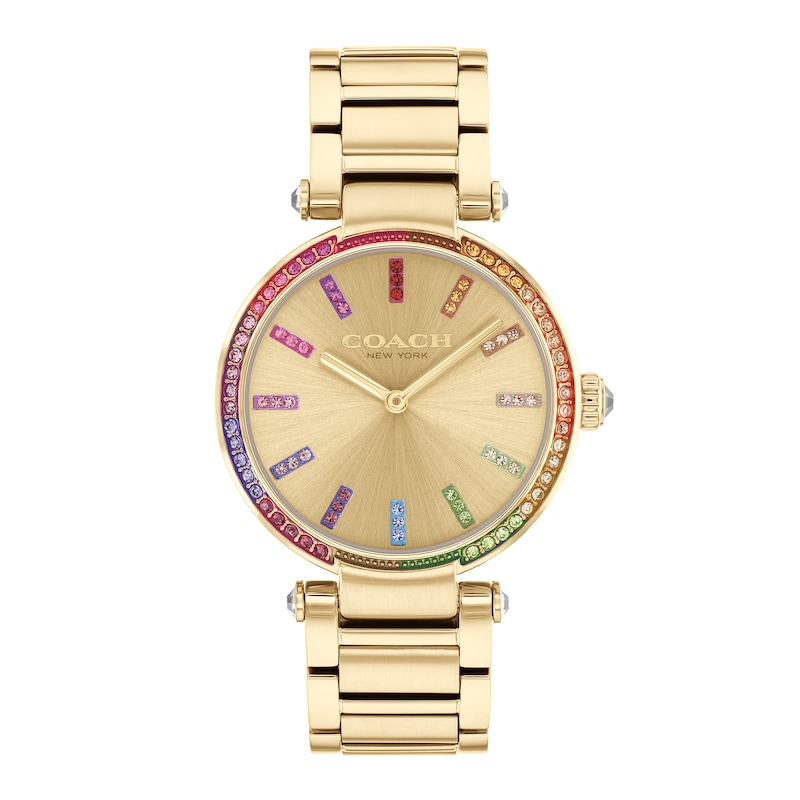 Main Image 1 of Ladies' Coach Cary Multi-Colored Rainbow Crystal Accent Gold-Tone IP Watch with Gold-Tone Dial (Model: 14504271)