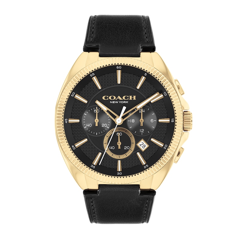 Main Image 1 of Men's Coach Jackson Gold-Tone IP Black Leather Strap Chronograph Watch with Black Dial (Model: 14602684)