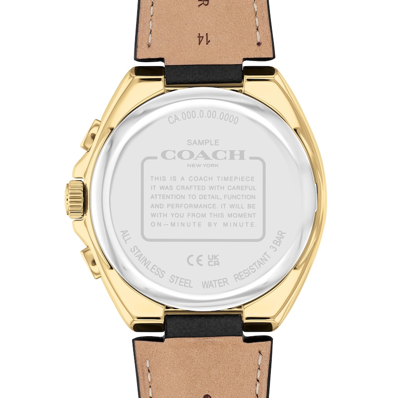 Main Image 3 of Men's Coach Jackson Gold-Tone IP Black Leather Strap Chronograph Watch with Black Dial (Model: 14602684)