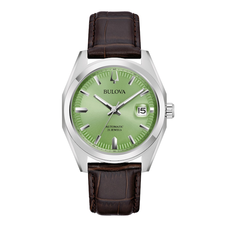 Main Image 1 of Men's Bulova Surveyor Green Dial Watch in Stainless Steel with Brown Leather Strap (Model 96B427)