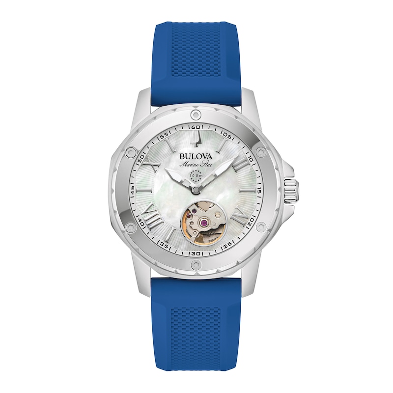 Main Image 1 of Ladies' Bulova Marine Star White Mother-of-Pearl Dial Watch with Blue Silicone Strap in Stainless Steel (Model 96L324)