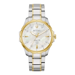 Ladies' Bulova Marine Star Mother-of-Pearl and Diamond Accent Dial Watch in Two-Tone Stainless Steel (Model 98P227)