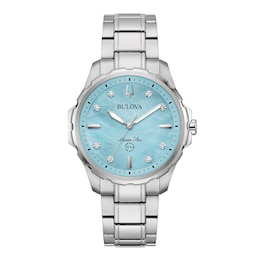 Ladies' Bulova Marine Star Blue Mother-of-Pearl and Diamond Accent Dial Watch in Stainless Steel (Model 96P248)