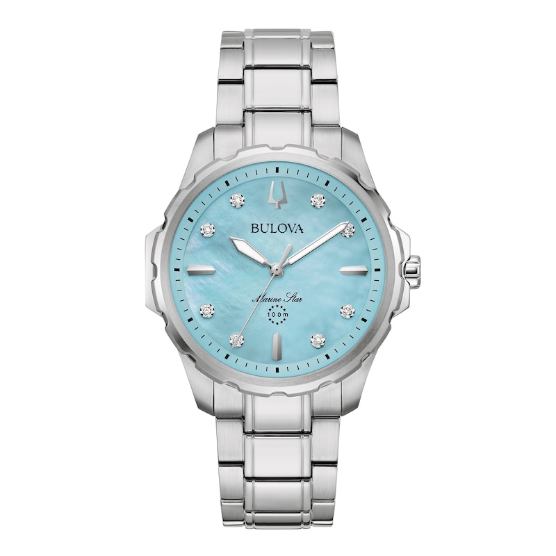 Main Image 1 of Ladies' Bulova Marine Star Blue Mother-of-Pearl and Diamond Accent Dial Watch in Stainless Steel (Model 96P248)