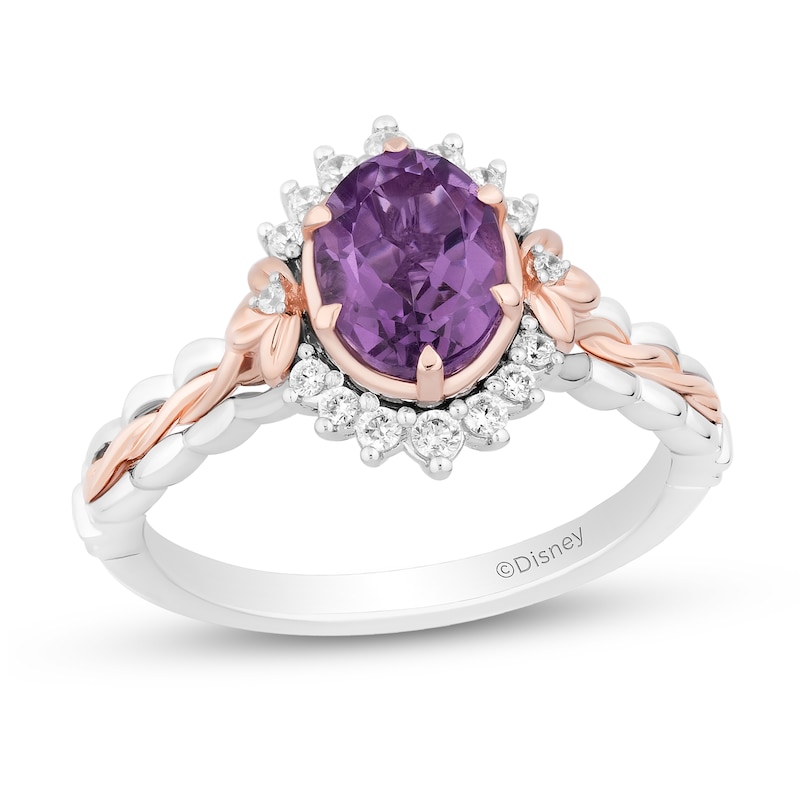 Enchanted Disney Rapunzel Oval Amethyst and Diamond Frame Braided Shank Ring in Sterling Silver and 10K Rose Gold
