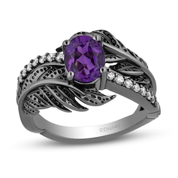 Enchanted Disney Villains Dr. Facilier Amethyst and 1/6 CT. T.W. Diamond Bypass Feather Ring in Black Sterling Silver