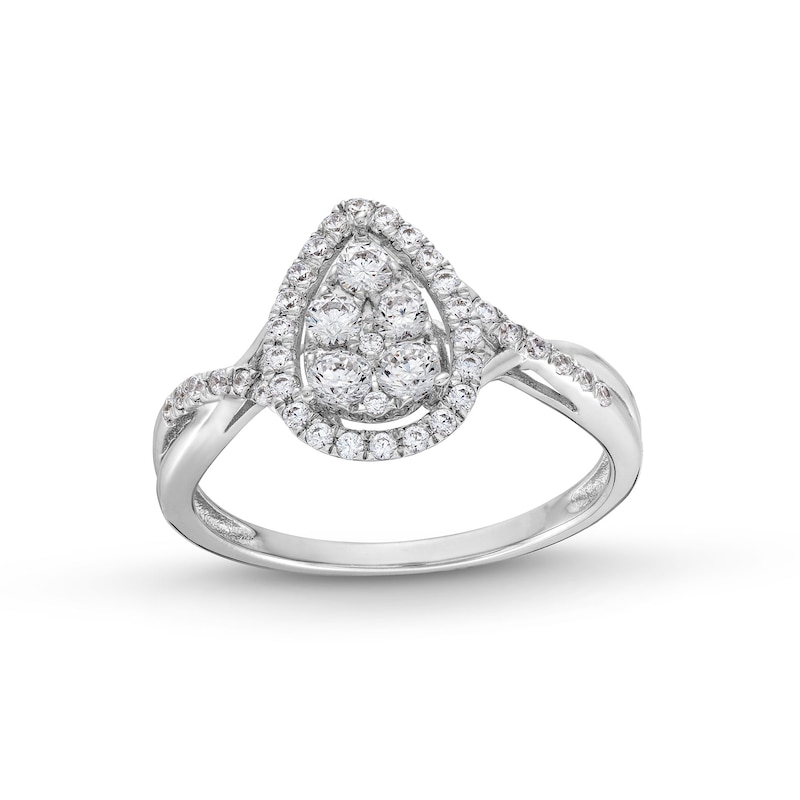 Main Image 1 of 1/2 CT. T.W. Pear-Shaped Multi-Diamond Frame Twist Shank Engagement Ring in 10K White Gold