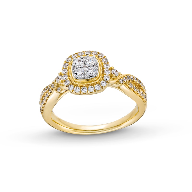 Main Image 1 of 1/2 CT. T.W. Multi-Diamond Cushion Frame Twist Shank Vintage-Style Engagement Ring in 10K Gold