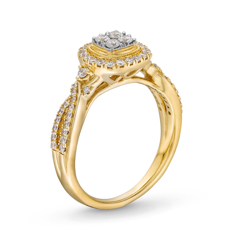 Main Image 2 of 1/2 CT. T.W. Multi-Diamond Cushion Frame Twist Shank Vintage-Style Engagement Ring in 10K Gold