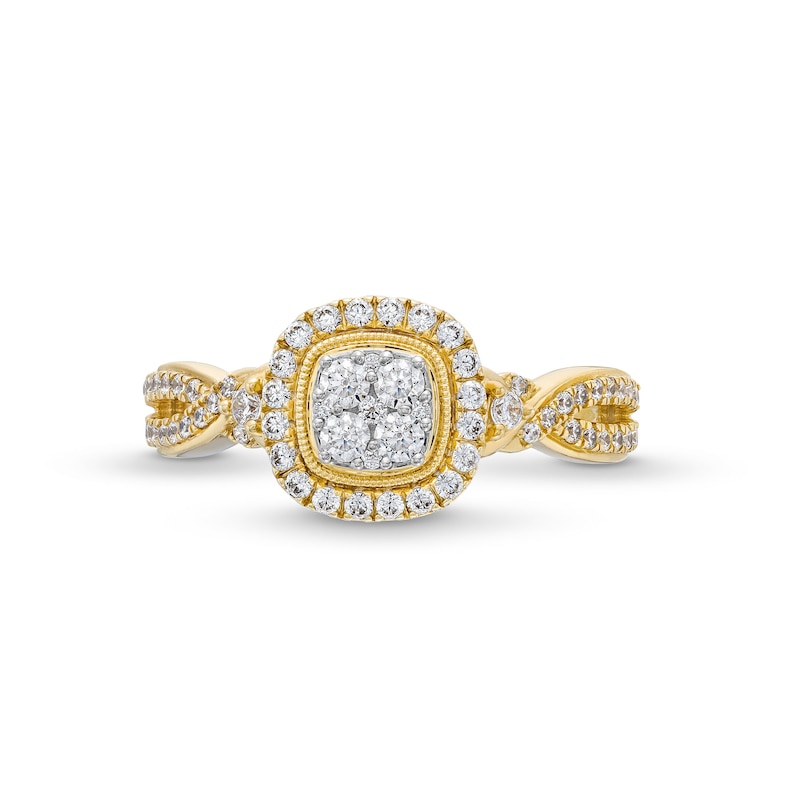 Main Image 3 of 1/2 CT. T.W. Multi-Diamond Cushion Frame Twist Shank Vintage-Style Engagement Ring in 10K Gold