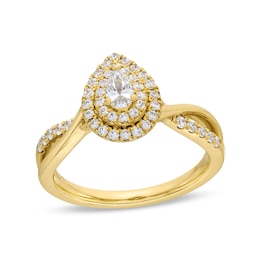 5/8 CT. T.W. Pear-Shaped Diamond Double Frame Twist Shank Engagement Ring in 14K Gold