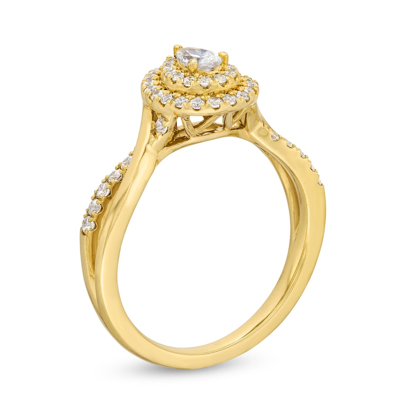 Main Image 3 of 5/8 CT. T.W. Pear-Shaped Diamond Double Frame Twist Shank Engagement Ring in 14K Gold