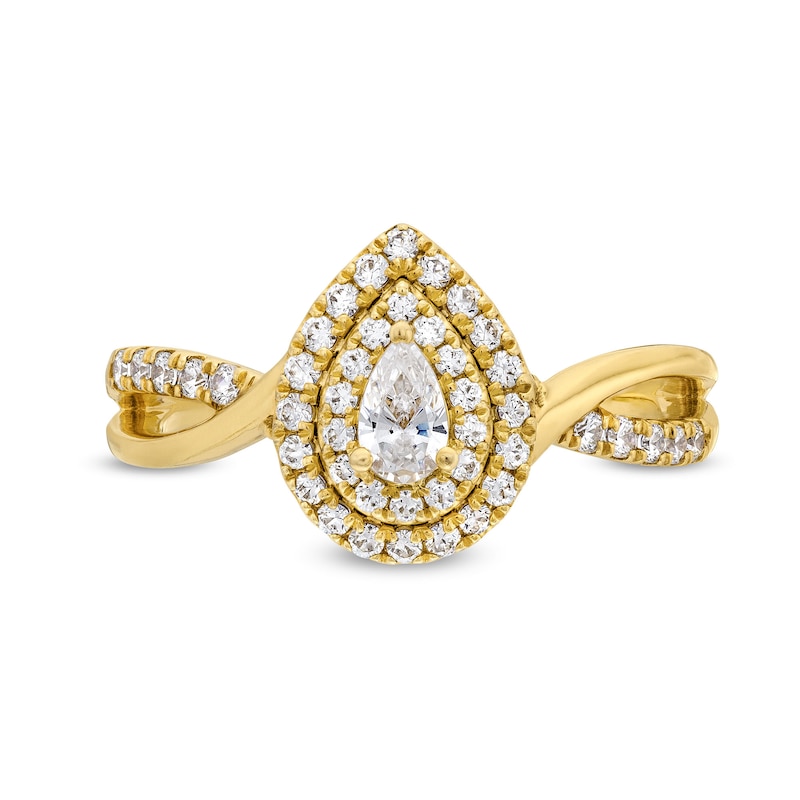 Main Image 4 of 5/8 CT. T.W. Pear-Shaped Diamond Double Frame Twist Shank Engagement Ring in 14K Gold