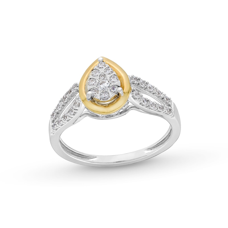 Main Image 1 of 1/3 CT. T.W. Pear-Shaped Multi-Diamond Split Shank Engagement Ring in 10K Two-Tone Gold